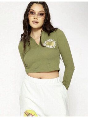 Boys Lie Olive Green Long Sleeve Cropped Henley Top Tee Shirt Size XS NWT